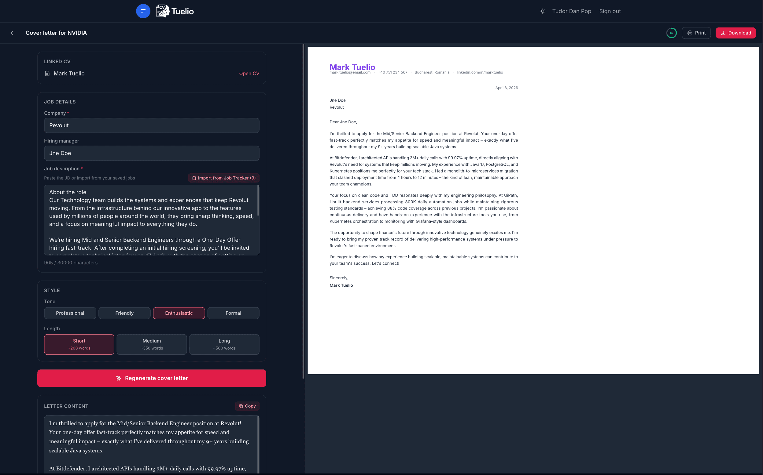 Tuelio - Cover letter editor