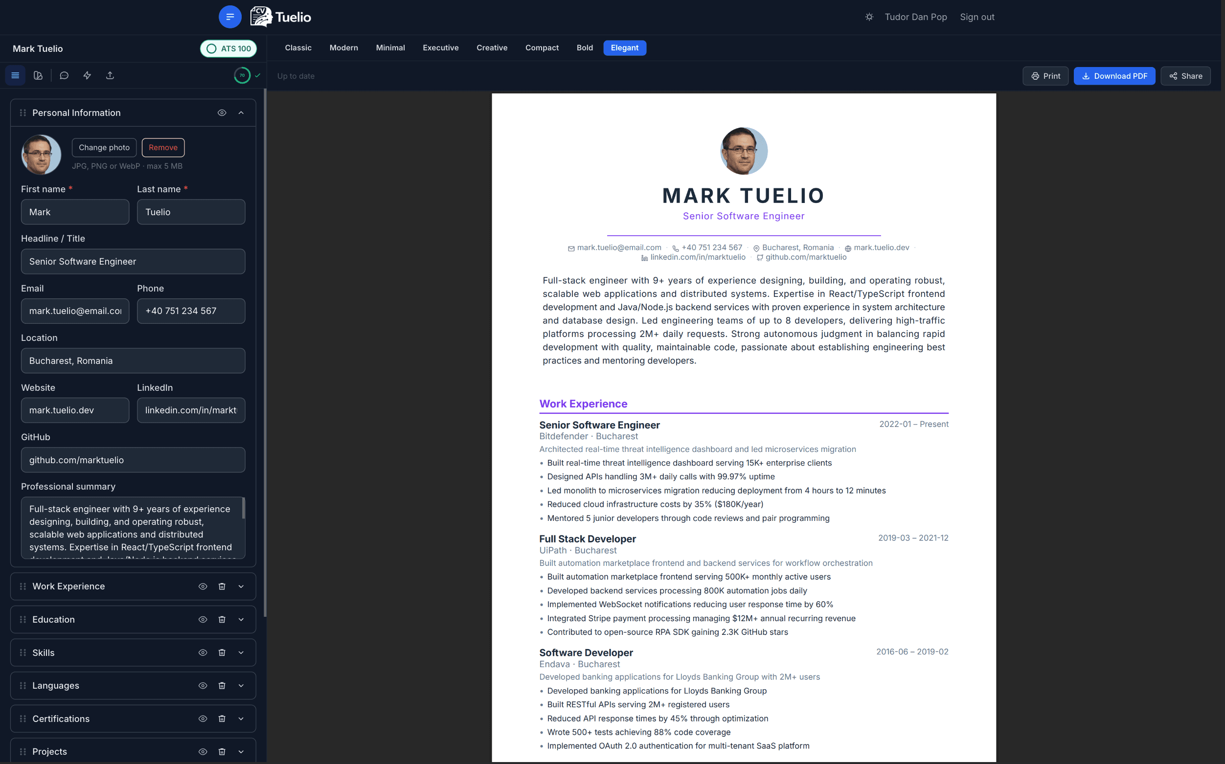 Tuelio - CV editor with live preview