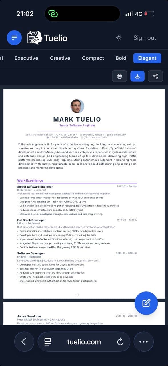 Tuelio CV editor on mobile - preview view