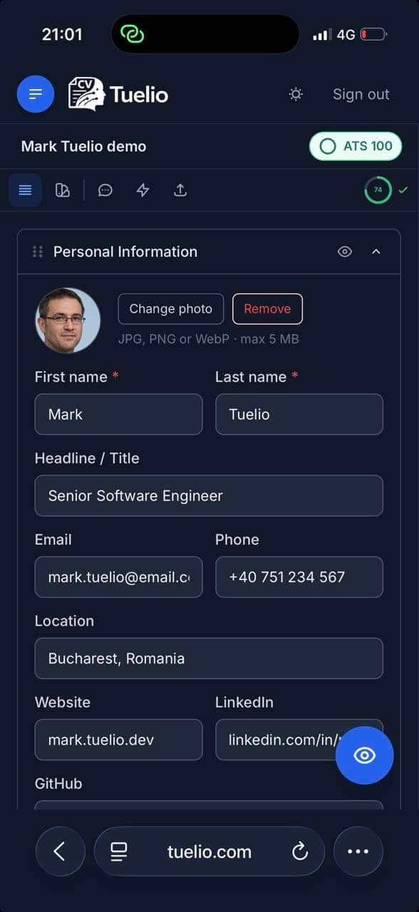 Tuelio CV editor on mobile - edit view