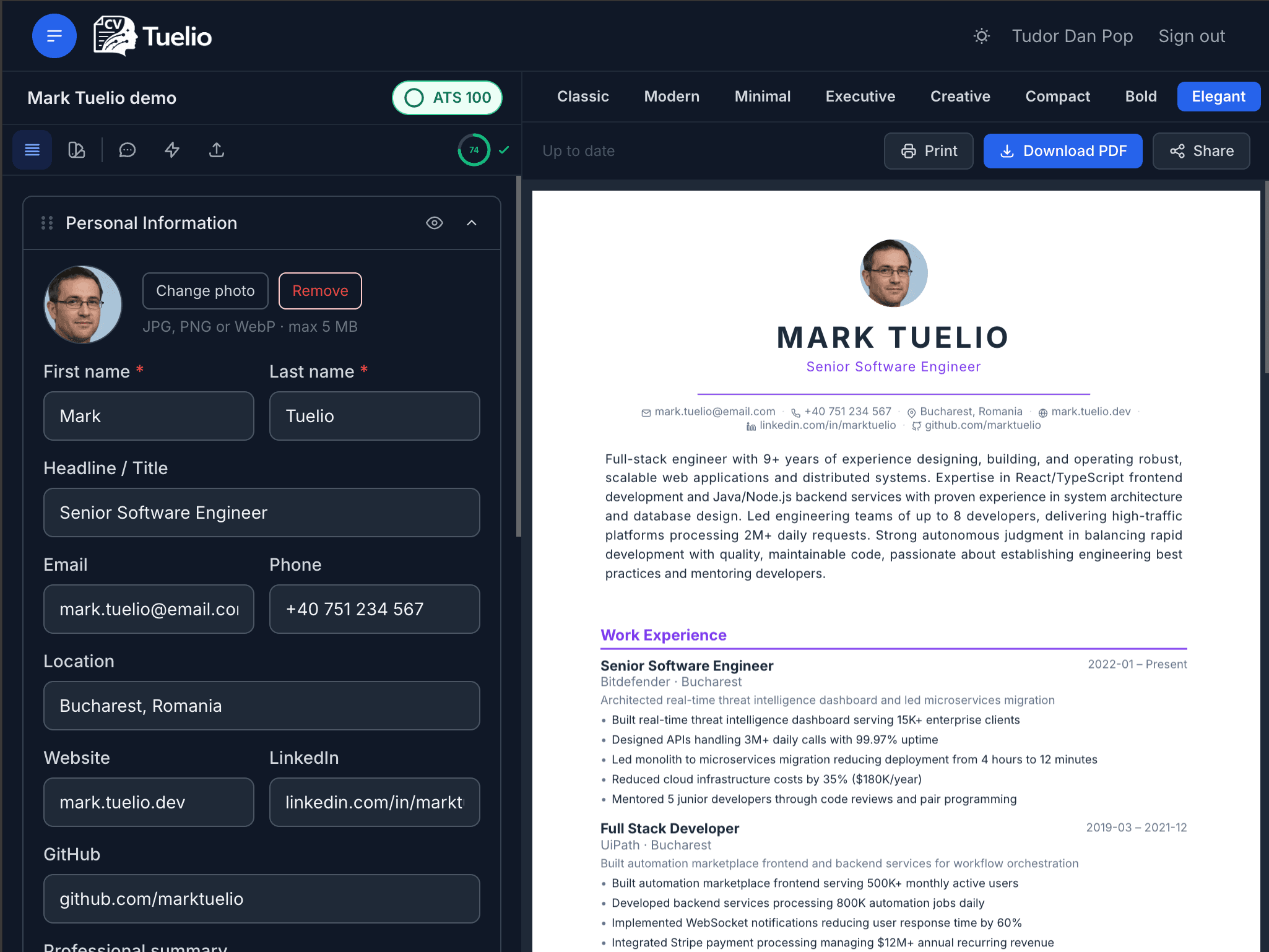 Tuelio CV editor on tablet